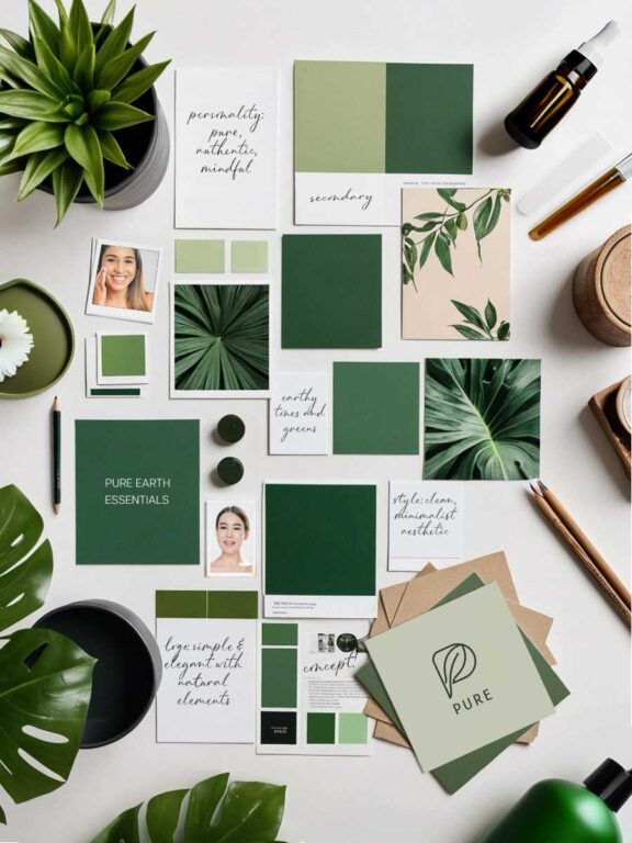 Color palettes, photos, and notes for an organic product brand for a branding and web design project.